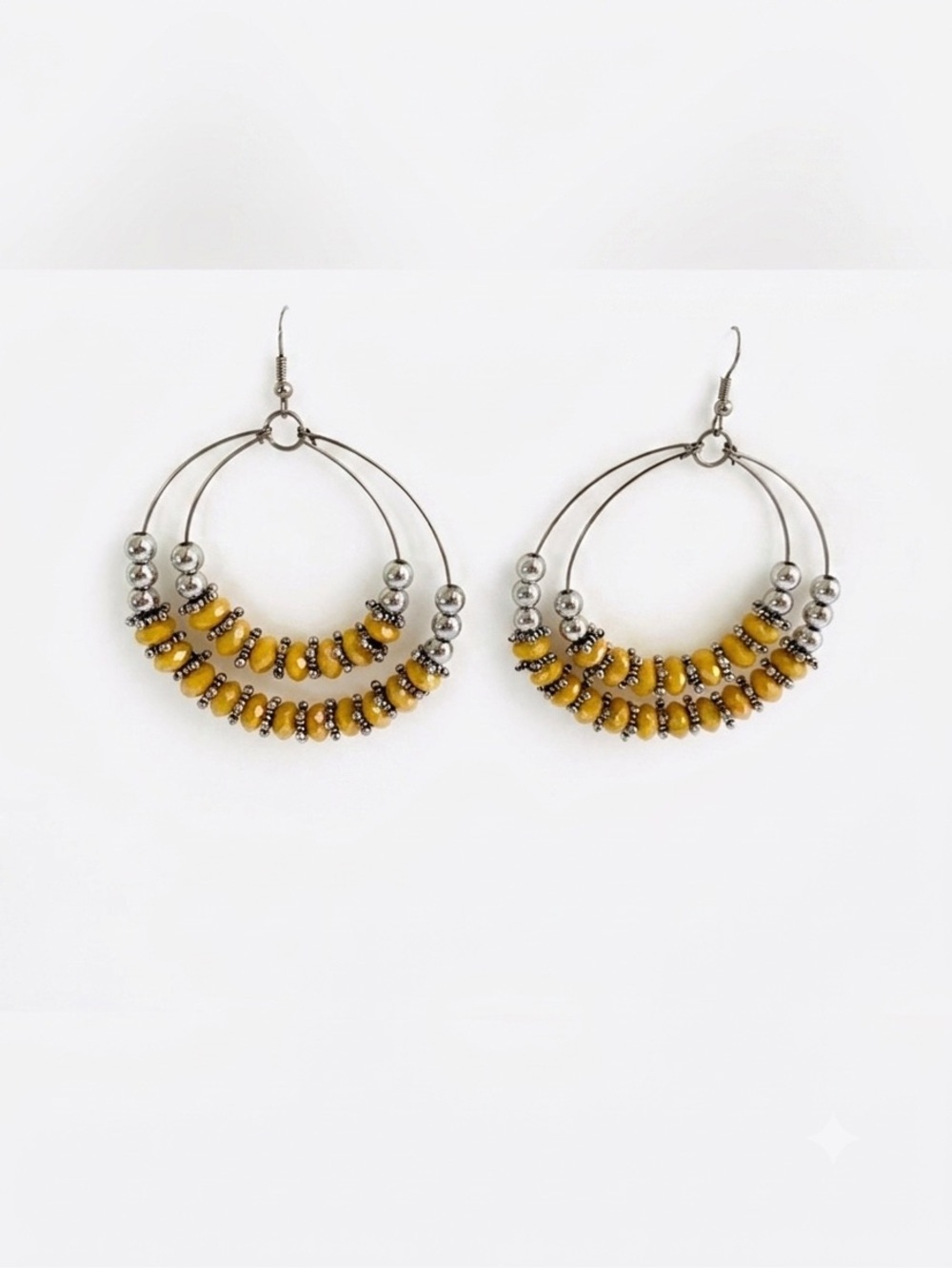 Yellow Beaded Hoop Earrings Silver Accent Boho Festival Dangle Statement Jewelry
